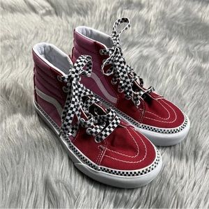 Vans Girls Size 2 Red Pink Black White Checkered Sk8 Hi Shoes